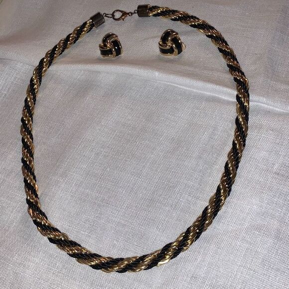Vintage Jewelry - Vintage 80’s Gold and Black Rope Chain‎ Necklace Ser with Matching Clip Earrings